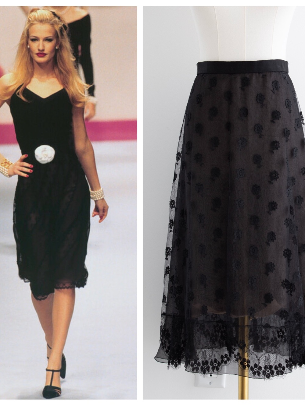 Chanel Vintage Fall/Winter 1995 Black Floral Lace 95A Midi Skirt